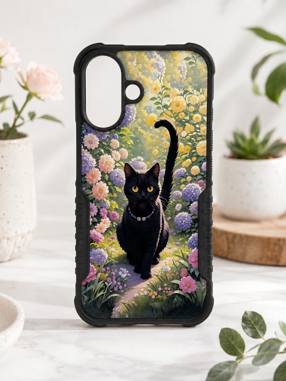 Black Cat Floral iPhone 16 Protective Phone Case Cute Garden Shockproof Cover